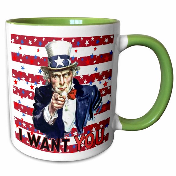 3drose, Uncle Sam I Want You with Stars and Stripes Background, 11oz Two-tone Green Mug