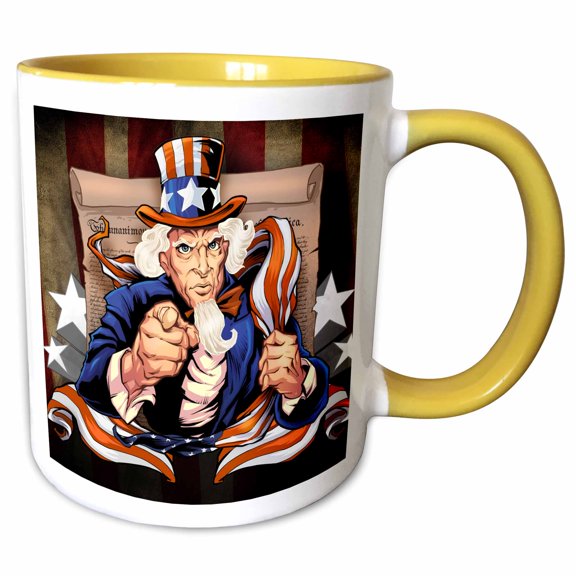3drose, Uncle Sam in His Classic We Want You! Pose, 15oz Two-tone Yellow Mug