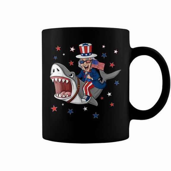 Uncle Sam Riding Shark 4Th Of July Patriotic Boys Kids Funny Coffee Mugs