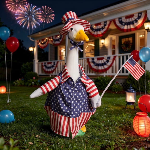 Uncle Sam Style Patriotic Goose Costume 23 Inch, 3 Piece Set Goose Clothing with Star Pattern Top Hat and Attached Flag, Festive Goose Outfit for 4th of July Porch Lawn Garden Decor