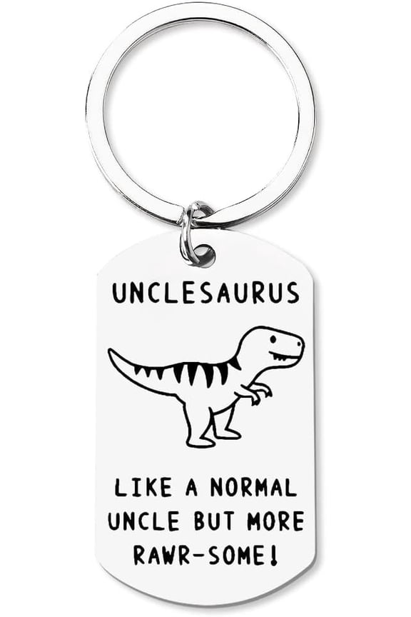 Uncle Saurus Keychain: Funny Uncle Gifts from Niece Nephew for Men - Silver Dinosaur Keychain for Uncles