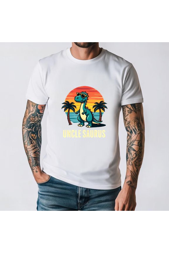 Uncle Saurus Retro Dinosaur Cartoon Family Humor Graphic Style Unisex T-Shirt, for men & women, up to size 5XL.