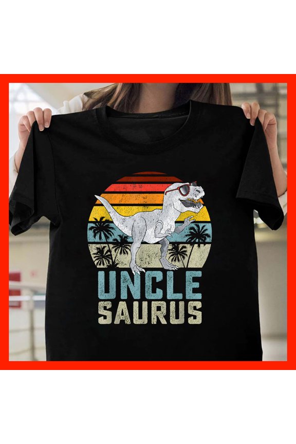 Uncle Saurus T-Rex Dinosaur Retro Sunset Palm Trees Vintage Gift T-Shirt M902, for men and women, Extended Sizes Up to 5XL