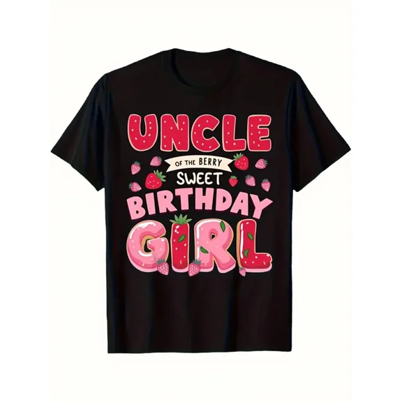 Uncle of the Sweet Birthday Girl T-Shirt - Cute Family Matching Birthday Party Outfit for Men & Women, 180gsm Breathable Cotton Short Sleeve Crewneck Tee with Strawberry