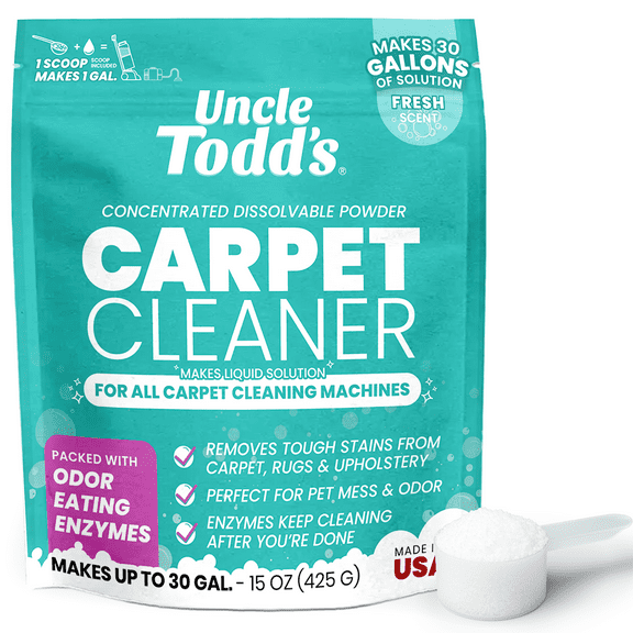 Uncle Todd's Concentrated Carpet Cleaner Powder, 15 oz Pouch, Pet Odor & Stain Remover, Enzyme Formula, Fresh Scent