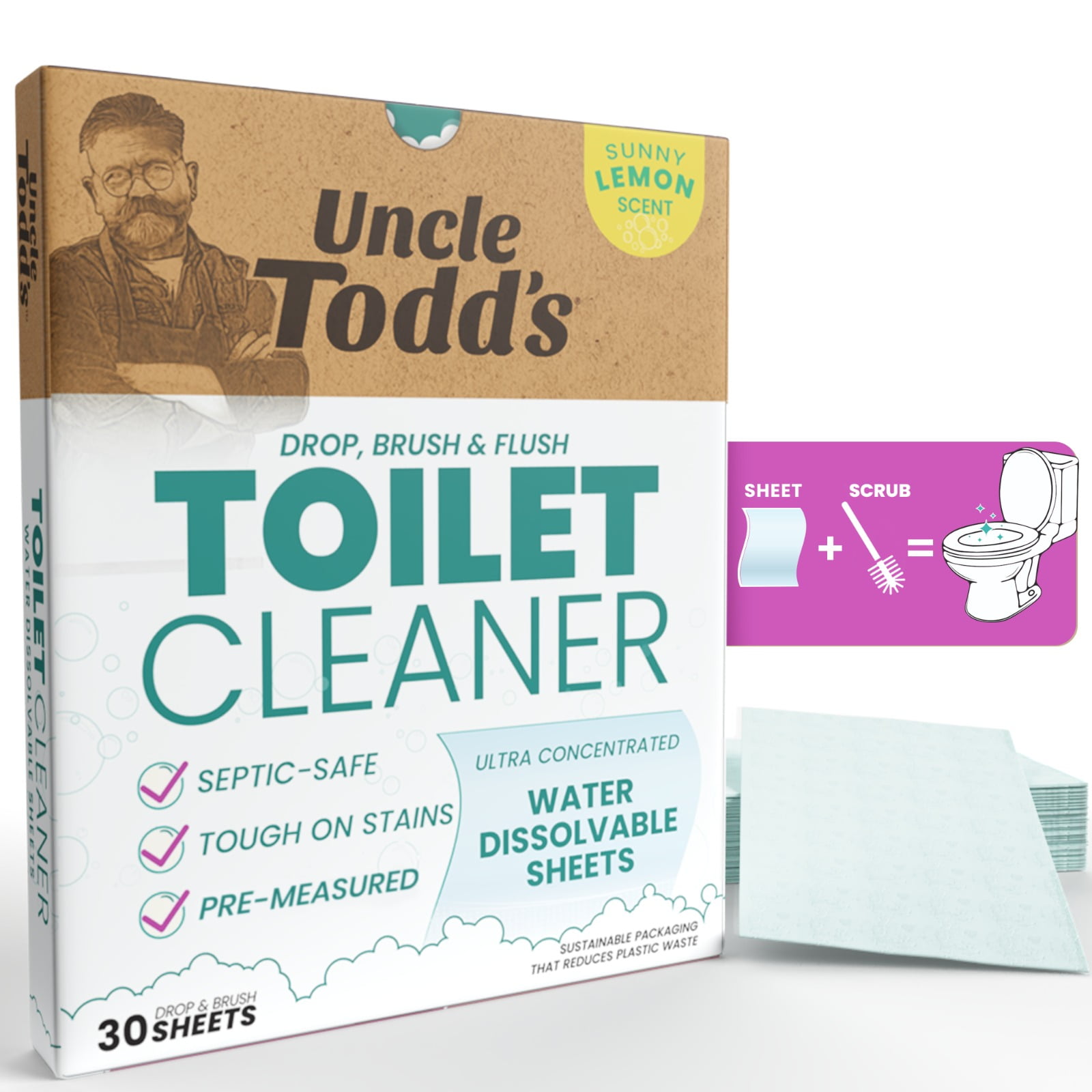 Uncle Todd's Lemon Scented Toilet Cleaner - 100% Dissolvable Sheets, Drop, Brush, and Flush - 30 Sheets, Plastic-Free Packaging