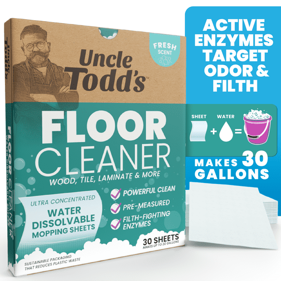 Uncle Todd's Ultra Concentrated Floor Cleaner: 30 Eco-Friendly 100% Dissolvable Sheets, Filth-Fighting Enzymes, Plastic-Free Packaging. Just Drop & Mop!