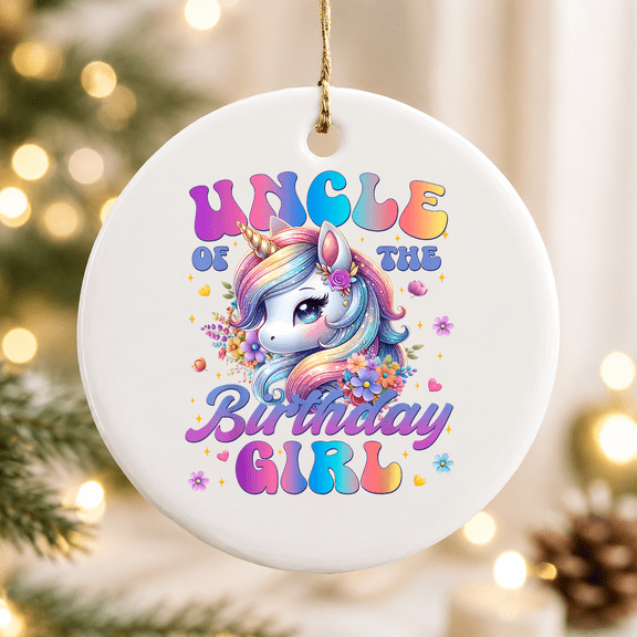 Uncle of the Birthday Girl Unicorn Flower Family Christmas Ornament, Age Milestone Keepsake, Ceramic Ornament