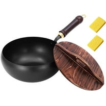 Uncoated Iron Pan, Japanese Hand-Forged Non-Stick Iron Pan Without Coating Durable And Rust-Free, Round Bottom Wok with Wooden Lid Lid for Cooker Gas Stir Fry Pans (Type A, 7.8inch)