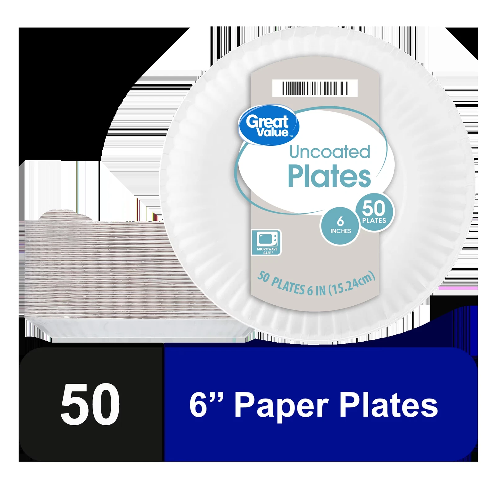 Uncoated Round Paper Plates, 6 Inch, White, 50 Count