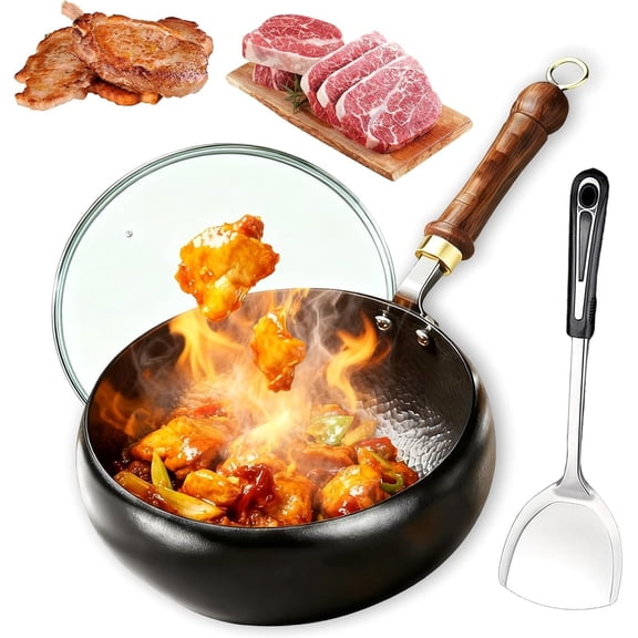 Uncoated Thick Iron Pot, 10.63 in Japanese Iron Pan with Glass Lid Cookwares, Hand-Forged Non-Stick Cast Iron Pot, High Purity Carbon Steel Wok for All Stoves, Durable & Rust-Free (Glass Lid)