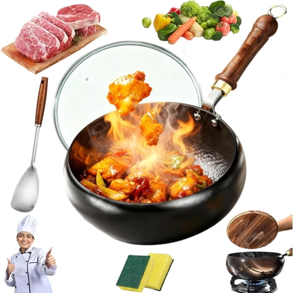 Uncoated Thick Iron Pot, 2026 New Japanese Cast Iron Skillet, 9.4 Frying Pan without Lid, Hand Crafted Iron Frying Pan, Extended Solid Wood Handle, for Cooking (11.2in, Glass Lid)