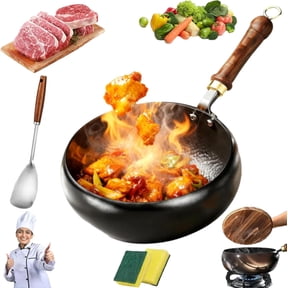 Uncoated Thick Iron Pot, 2026 New Japanese Cast Iron Skillet, 9.4 Frying Pan without Lid, Hand Crafted Iron Frying Pan, Extended Solid Wood Handle, for Cooking (9.4in, No Lid)