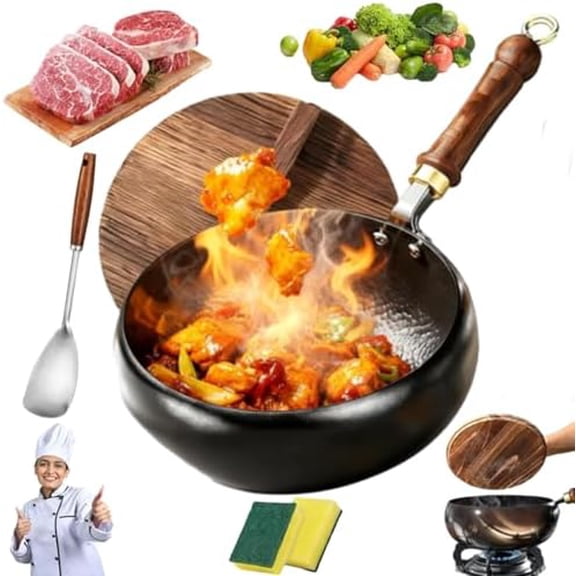 Uncoated Thick Iron Pot, 2026 New Japanese Cast Iron Skillet, 9.4‘’ Frying Pan without Lid, Hand Crafted Iron Frying Pan, Extended Solid Wood Handle, for Cooking (11.2in, Wood Lid)