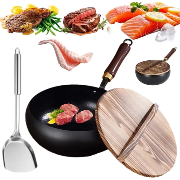 Uncoated Thick Iron Pot, Artisan Unenameled Cast Iron Casserole, Woks & Stir-Fry Pans Nonstick, Easy to Clean and Durable - Simply Use Again and Again (28cm)