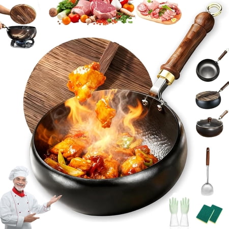 Uncoated Thick Iron Pot, Hand Forged Nonstick Wok Skillet With Lid, 9.45 Inch Japanese-Style Iron Cookware For Healthy Stir Fry, Durable Flat Bottom For Gas, Electric & Induction(Wooden Lid,11in)