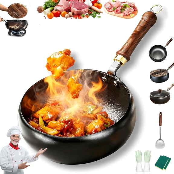 Uncoated Thick Iron Pot, Hand Forged Nonstick Wok Skillet With Lid, 9.45 Inch Japanese-Style Iron Cookware For Healthy Stir Fry, Durable Flat Bottom For Gas, Electric & Induction(No Lid,9.45in)