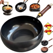 Uncoated Thick Iron Pot, Japanese Cast Iron Cookware, Multifunctional Non-Stick Cast Irons Wok with Lid, Hand-Hammered Traditional Wok, High Purity Irons Frying Pan for Cooking