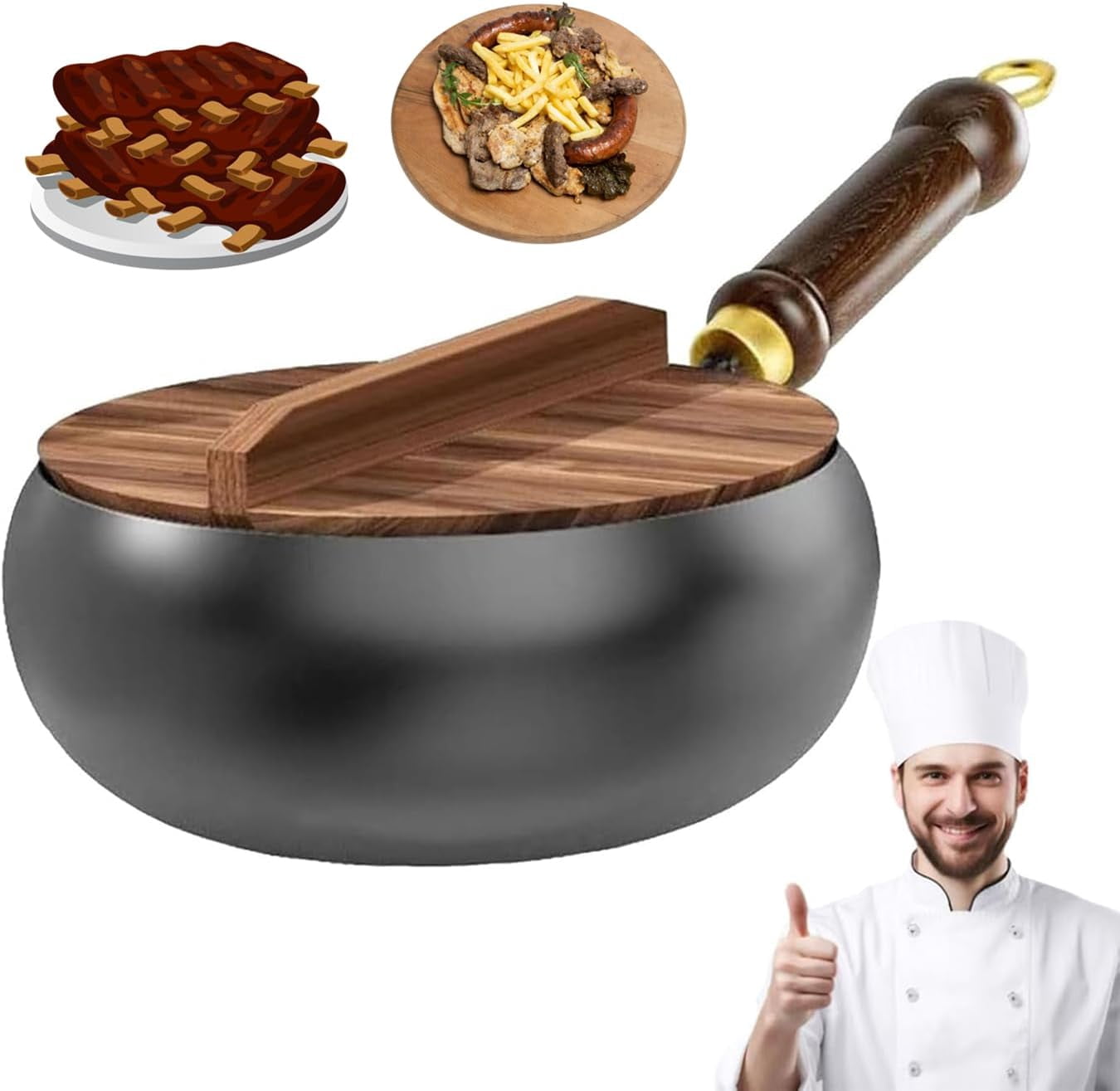 Uncoated Thick Iron Pot, Japanese Iron Pots for Cooking, High Purity Frying Pans, Uncoating Cast Iron Pot with Lid, Hand-Forged Non-Stick Cast Iron Pot, for All Stoves (Wooden lid,10.32in)