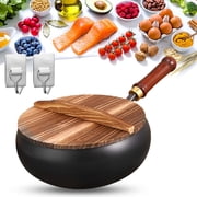 Uncoated Thick Iron Pot, Japanese Uncoating Cast Iron Pot, IronPot Pro, Multifunctional Non-Stick Cast Irons Wok with Lid, High Purity Irons Frying Pan for Cooking Smooth-Wood Cover, L-11in
