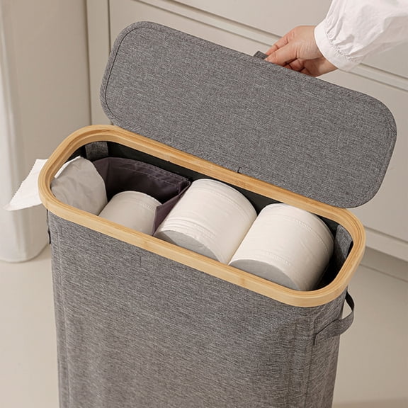 Uncomplicated tissue roll storage basket toilet paper organizer bamboo style foldable box with lid transparent window water repellent fabric for bathroom sundries and home storage