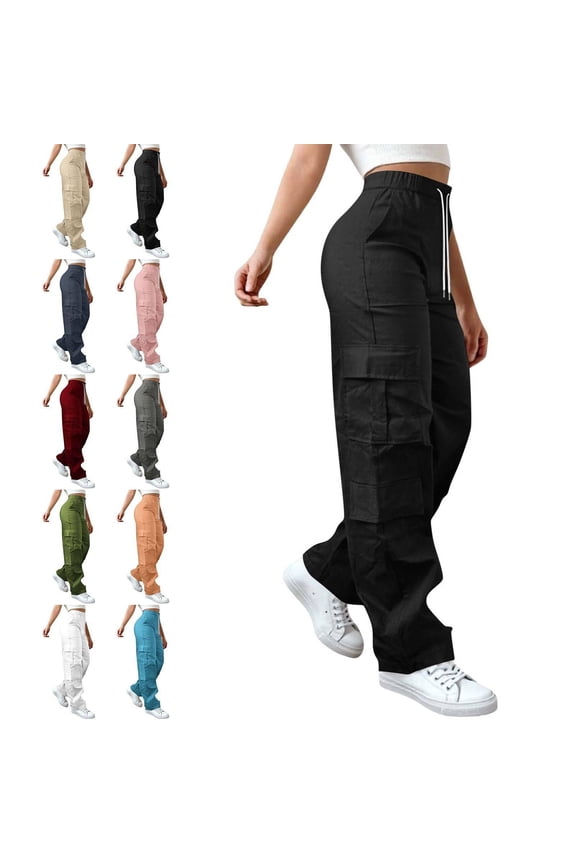 Uncuffed Cargo Pants Women Baggy Parachute Trouser Straight Leg Loose Fit Y2K Casual Gym Pants Black M