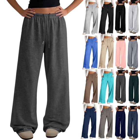 Uncuffed Pants for Women High Waisted Baggy Sweatpants Drawstring Elastic Waist Comfy Loose Fit Yoga Workout Long Trousers with Pockets Dark Gray M