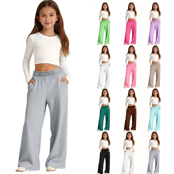 Uncuffed Sweatpants Girls Wide Leg Elastic High Waisted Loose Baggy Pants with Pockets Light Green 2-3Y