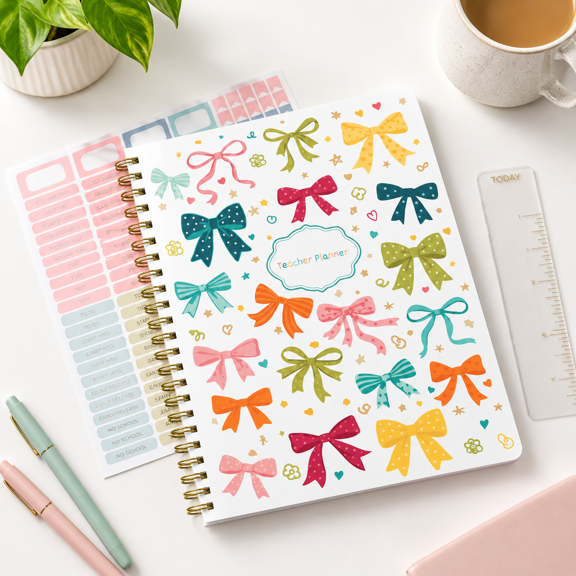 Undated 52-Week 12-Month Teacher Planner with Colorful Ribbons Cover