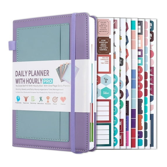 Undated Daily Planner for 2026, Planner Agenda Book, Daily Monthly Planner with 8 Creative Stickers, Simplified Schedule Notebook for Office Home, Journaling Notebooks, Start Anytime, A5 Size, Purple