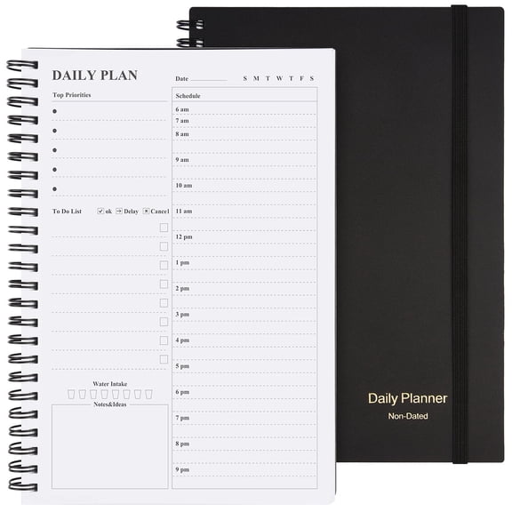 Undated Daily Planner with Hourly Schedule, Spiral Bound To Do List Notebook for Task Management, PVC Hardcover with Elastic Closure, Inner Pocket, 8.3 x 5.8 Inches, Black