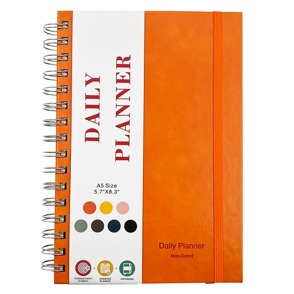 Undated Daily Planner with Hourly Schedules, A5 Spiral Planner Notebook with Elastic Closure, To Do List Notebook for Work, School, Time Management & Goal Setting, Premium Thick Paper