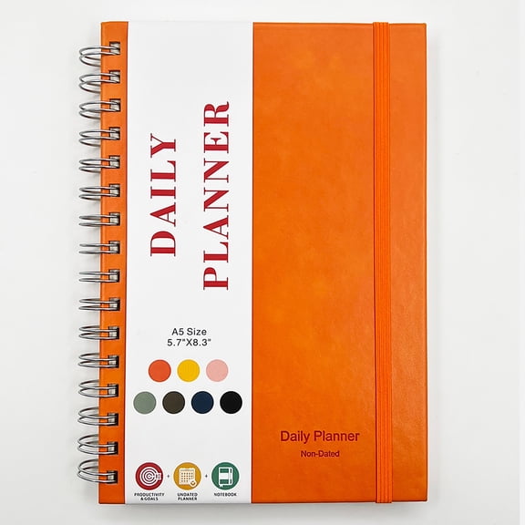 Undated Daily Planner with Hourly Schedules, Daily Organizer Notebooks for Work, Spiral Appointment Planner for Men And Wome, To Do List Notebook for Time Management, Elastic Closure, Pocket(Orange)
