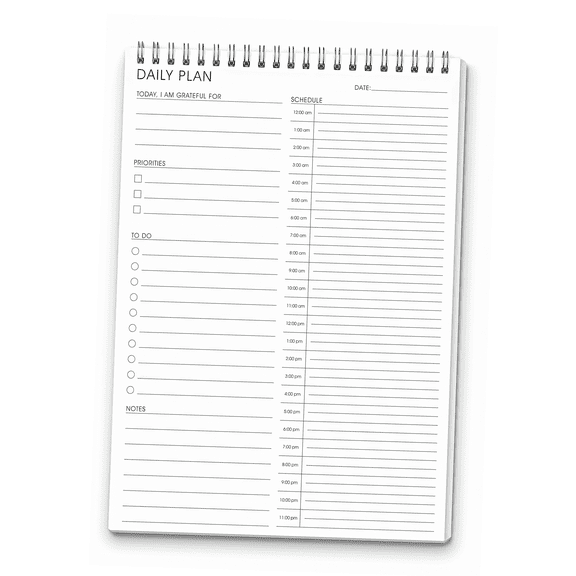 Undated Daily Planner with Hourly Time Blocks, To Do List, Thick No Bleed Paper, Double-Sided Use, Spiral Bound, Priority Tracker for Office, Home, Work, and Personal Life, Seven by Ten Inches, White