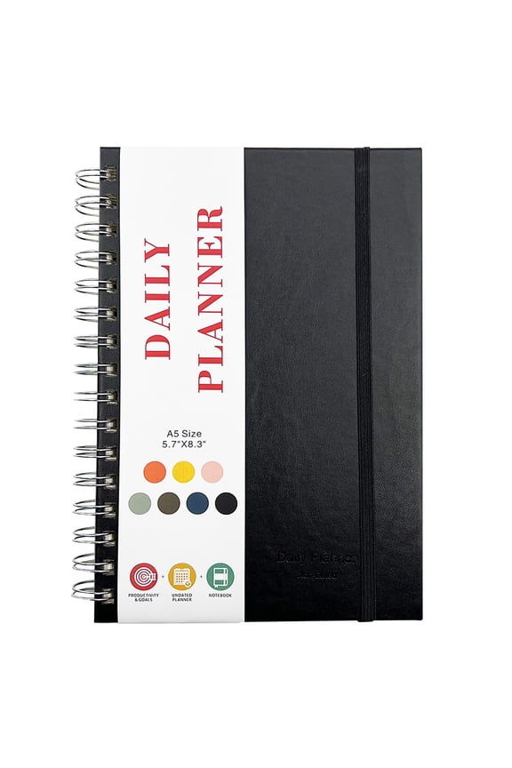 Undated Daily Planner Notebook, Hourly Schedule Organizer, for Back to School, Work, Time Management and Daily Planning, by Cosmug, Black