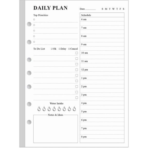 Undated Daily Planner Refill - A5 Day Planner Insert , 100 Sheets/200 Pages Planner and Lined Refill, 7-Hole Punched, 100 gsm White Paper, 5.8" x 8.3"