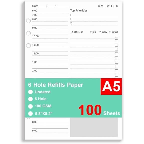 Undated Daily Planner Refill - A5 Planner Inserts, 100 Sheets/200 Pages, 6 Hole Refills Paper, Planners Refills for Filofax, College Ruled, 5.8 X 8.26 Inch, 6-Hole Punched, 100gsm