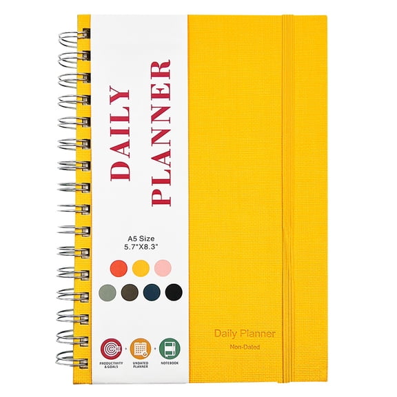 Undated Daily Planner, Undated Planner with Hourly Schedules, Daily Organizer Notebooks for Work Plan, Appointment Planner for Adults, To Do List Notebook, 1Pc, Twin-Wire Binding(Yellow,8.4x5.9")