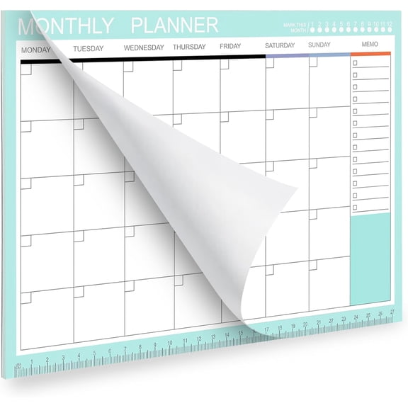Undated Planner, 54 Sheets Blank Calendar, 11.2" x 8.3" Monthly Calendar Planner, Tear Off Undated Monthly Planner with Memo for Women, Students, Teachers, Green