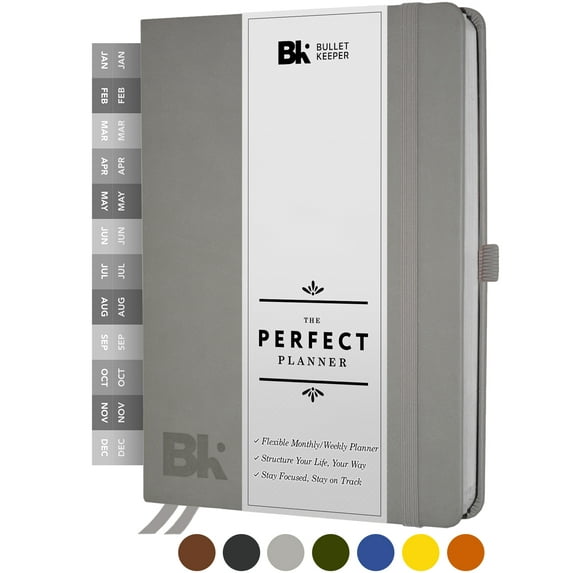 Undated Planner Daily Weekly Monthly Non-Dated Organizer- 12 Month Productivity Agenda by Bullet Keeper. A5 Dark Gray Leather Hardcover