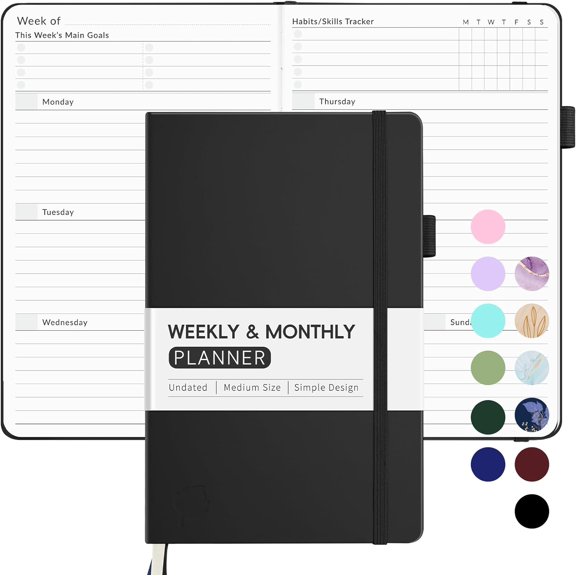 Undated Weekly Planner for 2026, Simplified & Monthly Calendar Planner, Cute Daily Organizer Notebook, Agenda Journal to Track Goals Tasks, Start Anytime, A5 Size, Black