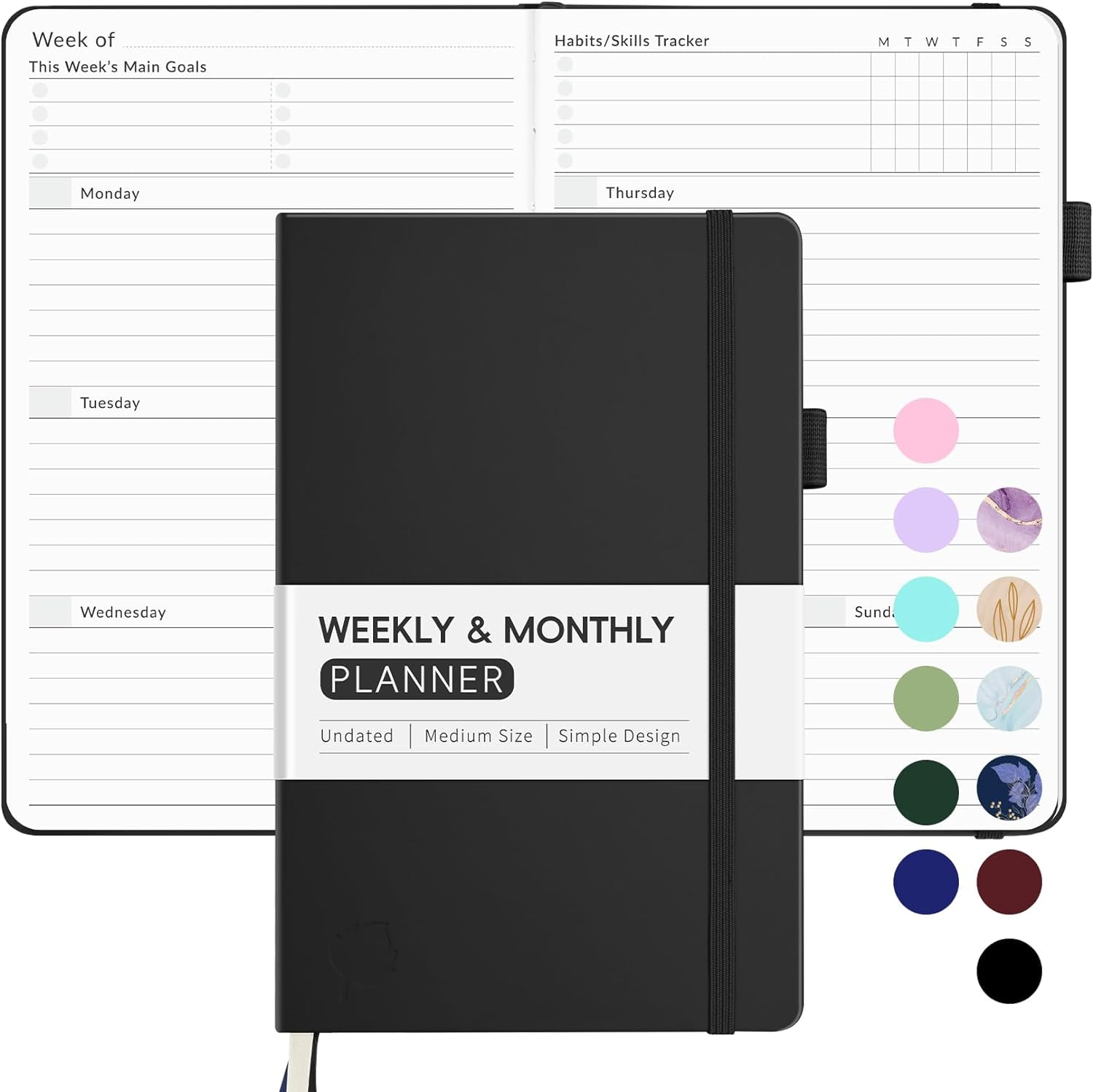 Undated Weekly Planner for 2026, Simplified Weekly & Monthly Calendar Planner, Cute Daily Organizer Notebook, Agenda Journal to Track Goals & Tasks, Start Anytime, A5 Size, Black