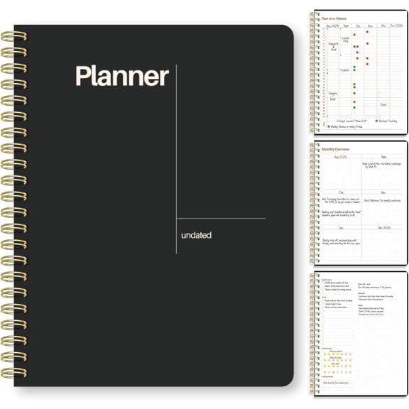 Undated Weekly Planner, 8.5" x 11", Dashboard Layout with Yearly Review, Monthly Calendars, & Weekly To Do List, Spiral Bound Organizer for Work, Study & Life (Black)