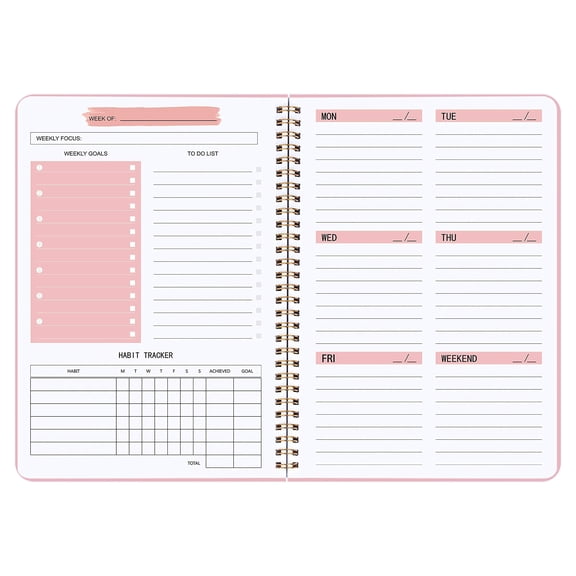 Undated Weekly Planner, A5 Spiral Notebook for Goals & Habits Tracking, Daily To Do List Organizer, 5.7 x 8 Inches, Pink