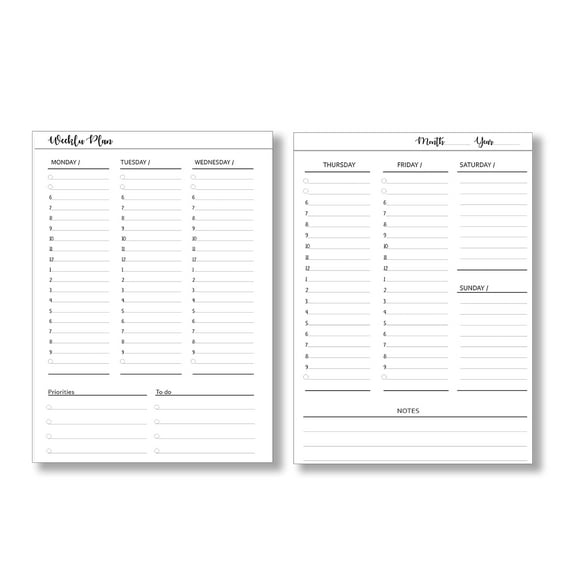 Undated Weekly Planner Inserts Calendar Refills Weekly Calendar Inserts, Undated Weekly Planner for 7, 8, 9, 11-Disc Planners (9-Disc Classic (7" x 9.25"))