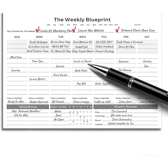 Undated Weekly Planner Pad (8.5"x11") | Productivity Desk Notepad for Focus & Planning | 3-Goal Weekly System for Deep Work | -Friendly Minimal Layout | Habit & Weekly Review | 52 -Off Sheets