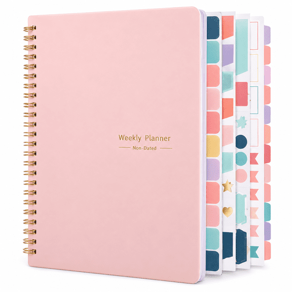Undated Weekly Planner with Habit Tracker, 52-Week To Do List and Goal Organizer with Stickers, A5 Spiral Notebook, 8.2" x 5.7", Pink