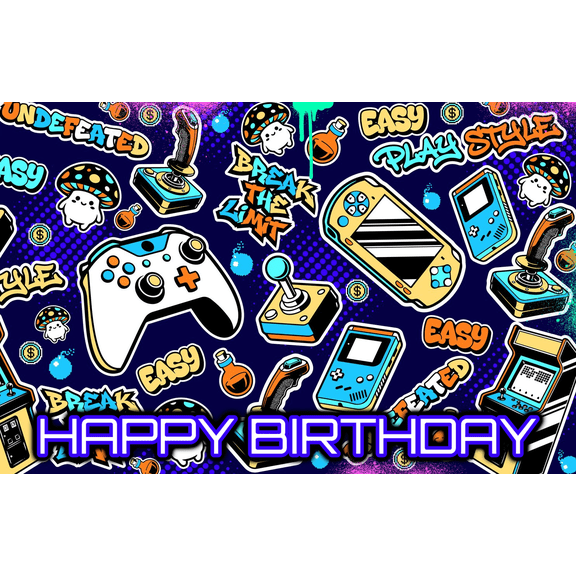 Undefeated Gamer Birthday with Controllers & Arcade Game Theme Edible Image Cake Topper for Quarter Sheet Cake, by Tnct. (1 Count)
