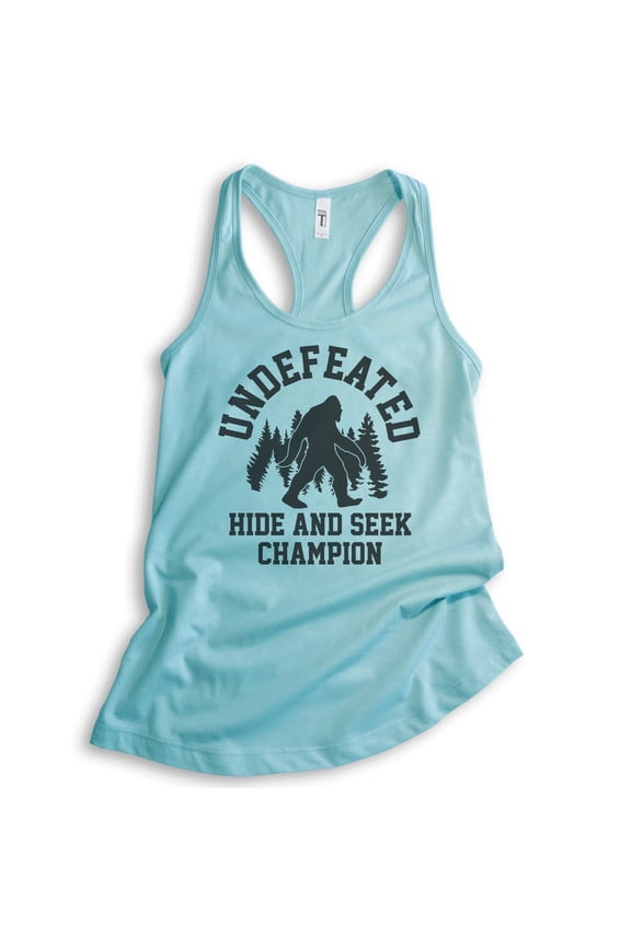 Undefeated Hide And Seek Champion Tank Top, Ladies Racerback Tank, Bigfoot, Yeti, Sasquatch, Squatch Tee, Cancun, X-Large
