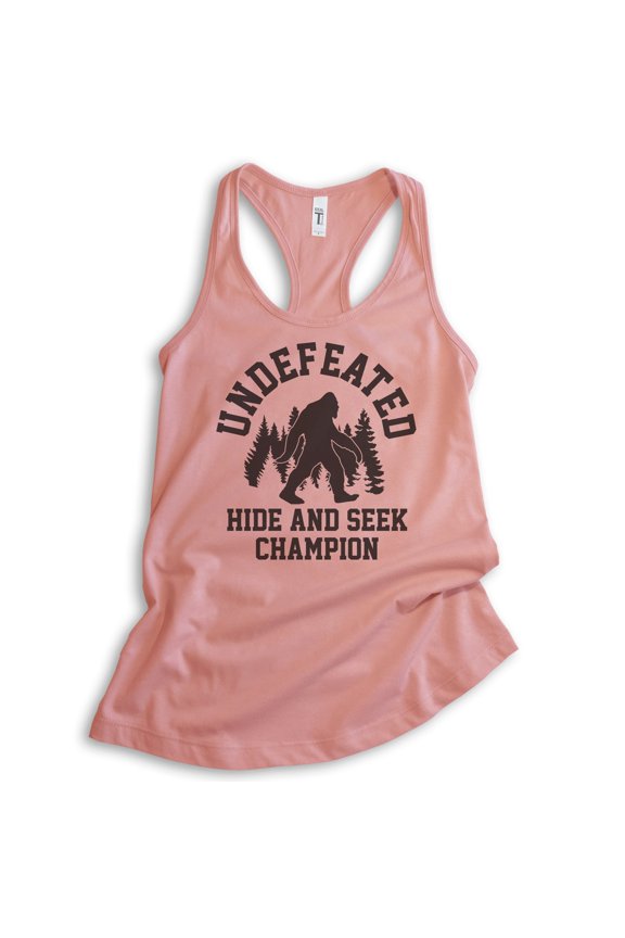 Undefeated Hide And Seek Champion Tank Top, Ladies Racerback Tank, Bigfoot, Yeti, Sasquatch, Squatch Tee, Desert Pink, Small